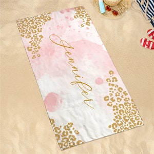 Personalized Pink Watercolor with Leopard Print Sand-Free Beach Towel, Beach Towel, Cute Beach Towel, Pool Towels, Summer Towel, Sand Free