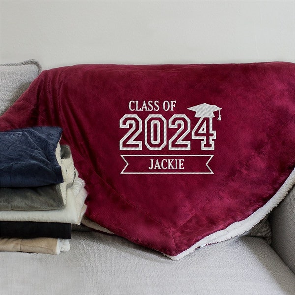 Embroidered Class of Graduation Sherpa Blanket, grad throw blanket, personalized grad gift, class of 24, class of 2024, college, high school