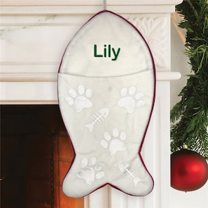 Embroidered Fish Shaped Cat Stocking, personalized christmas stocking, custom cat stocking, pet stocking, stocking for cat, kitten stocking