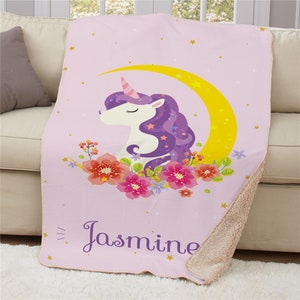 Unicorn With Moon Personalized Sherpa Throw Blanket, unicorn blanket, gift for little girl, unicorn gift, gift for daughter, Christmas gift