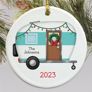 Personalized Happy Camper Ceramic Holiday Ornament, camper ornament, christmas decor, camping ornament, christmas tree ornament, family gift