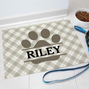 Plaid Paw Personalized Pet Food Mat, dog mat, pet mat, food bowl mat, custom, dog decor, dog placemat, grey, floor mat -gfy831117397