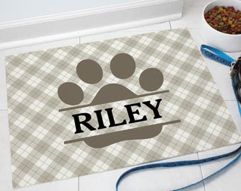 Plaid Paw Personalized Pet Food Mat, dog mat, pet mat, food bowl mat, custom, dog decor, dog placemat, grey, floor mat -gfy831117397