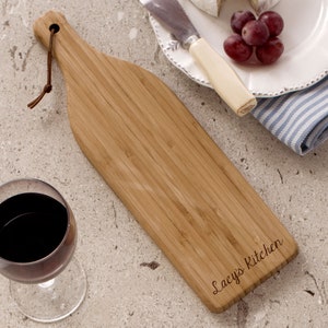 Engraved Bamboo Wine Bottle Shaped Cheese Cutting Board, custom cutting board, personalized cutting board, housewarming gift, serving board