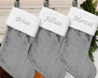 Personalized Gray Plush Embroidered Christmas Stocking, Grey Stocking, personalized stocking, christmas, xmas, christmas decor -gfyS105709