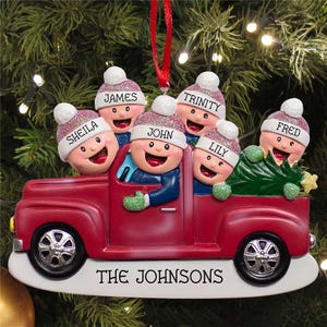 Family in Red Farm Truck Personalized Christmas Ornament, Custom Ornament for Family, Multiple Family Size Variations, Family Ornament