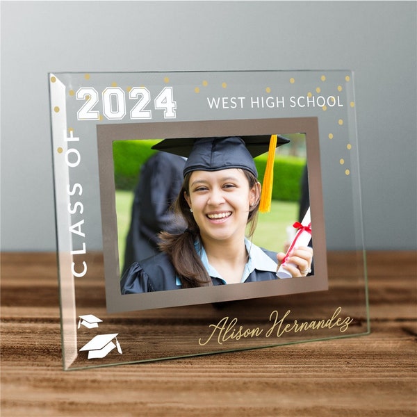 Personalized Class Of with Hats Glass Frame, Holds 4"x6" Photo, Beveled Glass, grad picture frame, graduation gift