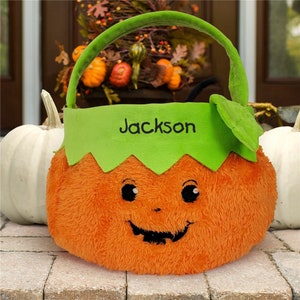 Fuzzy Pumpkin Personalized Trick or Treat Bag, trick-or-treat, embroidered pumpkin bag, candy bucket, Halloween, Halloween basket for kids