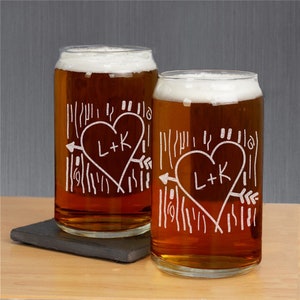 Engraved Carved Initial Beer Can Glass, Valentine’s Day Gift for Him, Husband Gift, Bar Gift, Custom Gift For Boyfriend, Heart and Arrow