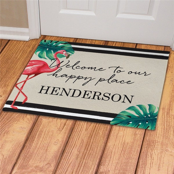 Personalized Flamingo Happy Place Doormat, summer doormat, decor, summer gift, flamingo, stripes, summer gifts, happy place -gfy831196877S