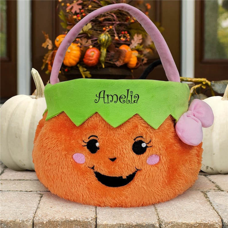 Girl Pumpkin Personalized embroidered Trick or Treat bag, trick-or-treat bag, Halloween Bag, candy bucket, Halloween basket for kids, custom image 1