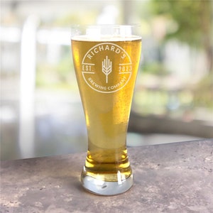 Engraved Brewing Company Large Pilsner Glass, Personalized Beer Glass, Home Bar Gifts, Gifts For Dad, Man Cave, Custom Etched Beer Glass