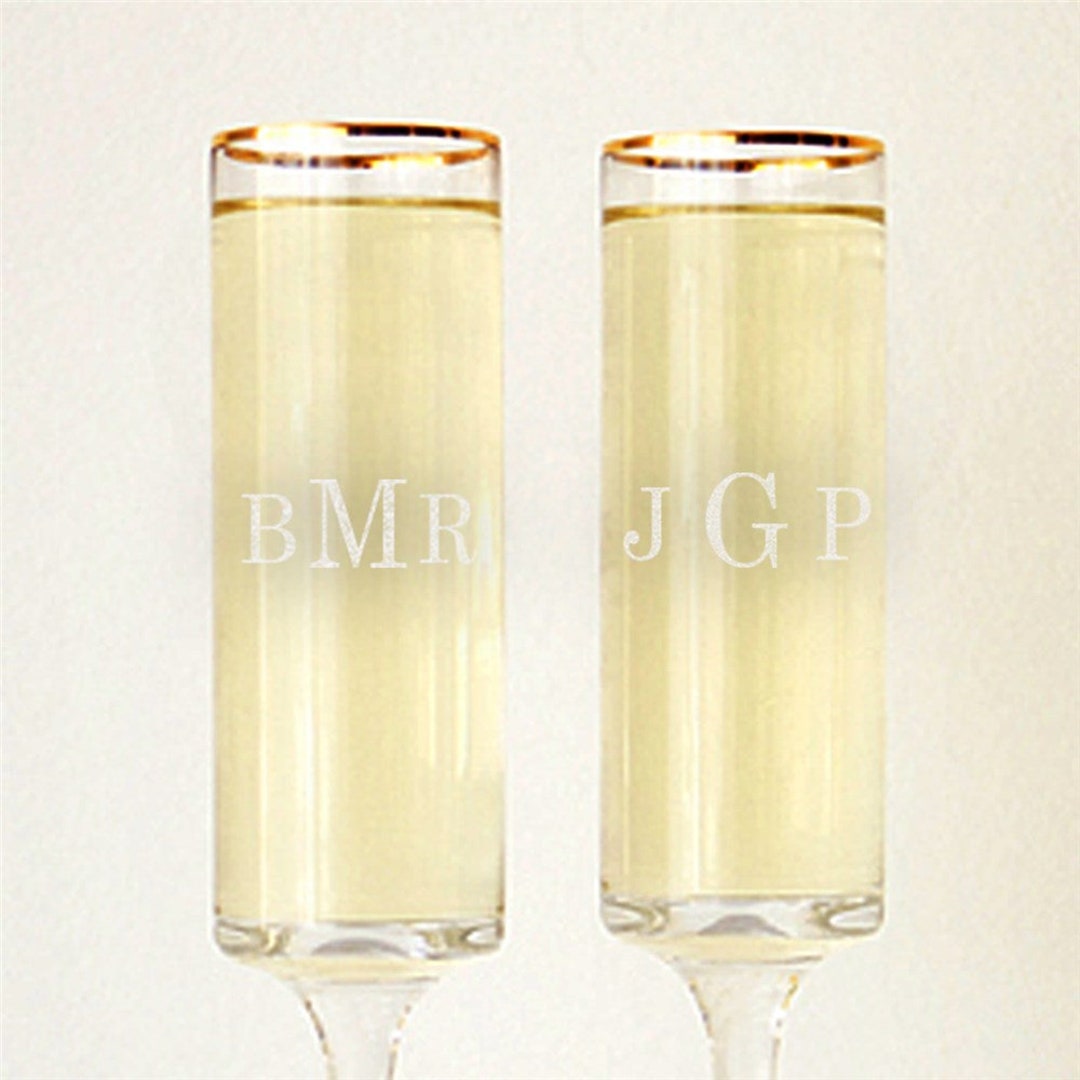 Engraved Monogram Gold Rim Champagne Flute Set, Glass Set, Champagne ...