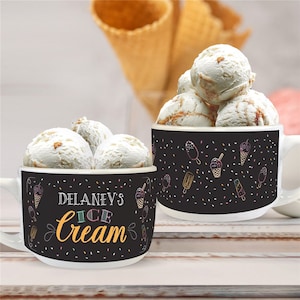 Personalized Chalkboard Ice Cream Bowl with Handle, Ceramic Personalized Bowl With Ice Cream Design, Custom Bowl With Name Personalization