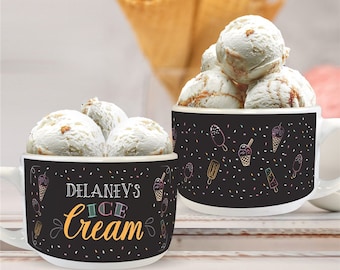 Personalized Chalkboard Ice Cream Bowl with Handle, Ceramic Personalized Bowl With Ice Cream Design, Custom Bowl With Name Personalization