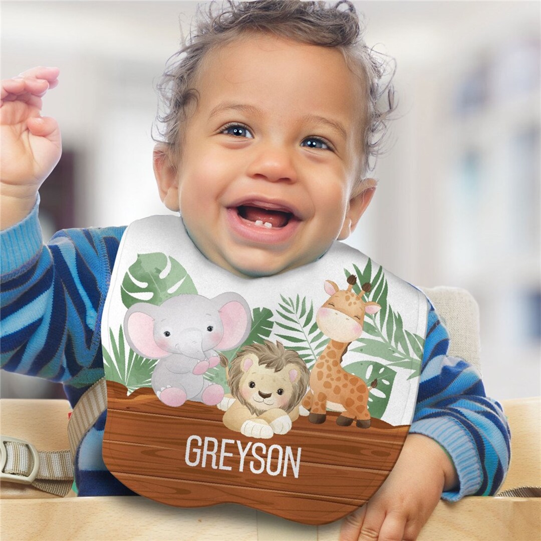 Personalized Safari With Name Baby Bib Bib Baby Gift Etsy