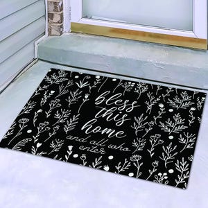 Bless This Home Outdoor Doormat, Christian Entry Rug with Black Floral Design, Front Porch Faith Welcome Mat, Christian Doormat, Fall Decor
