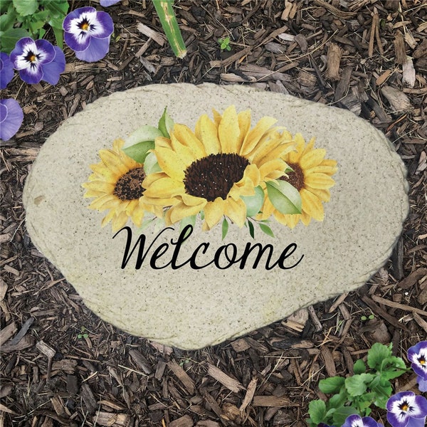 Personalized Sunflowers Flat Garden Stone, Welcome Garden Stone, Floral Garden Stone, Housewarming Gift, Gift For Gardener, Gardens Decor