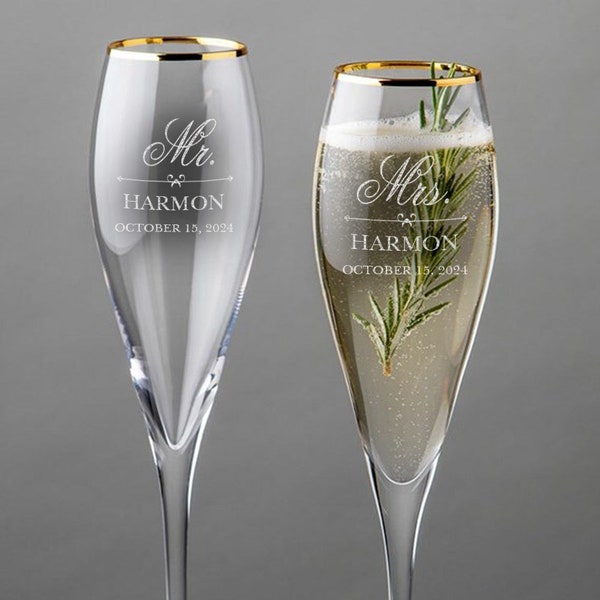 Engraved Mr. and Mrs. Gold Rim Tulip Champagne Flute Set, champagne flutes, wedding gifts, wedding toasting flutes, wedding keepsakes, gold