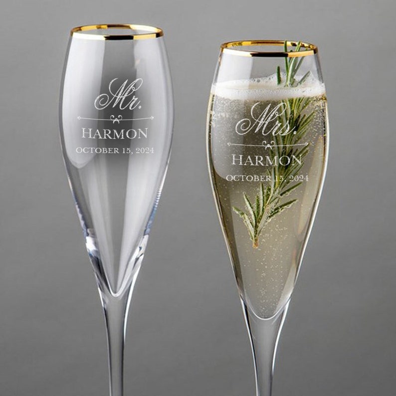 Engraved Mr. and Mrs. Glasses, Gold Rim Tulip Champagne Flute Set, champagne flutes, wedding gifts, toasting flutes, wedding keepsakes