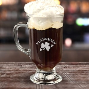 Engraved Shamrock Irish Coffee Mug, Glass Coffee Mug, Personalized Coffee Mug, Last Name Mug, Irish Mug, St. Patrick&#39;s Day, Gift For Him