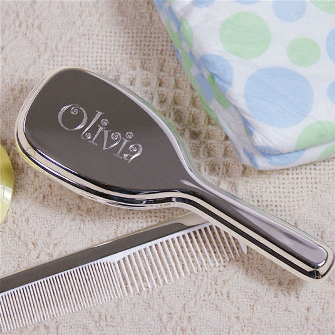 Engraved Silver Baby Comb and Brush Set, Personalized Gift for
