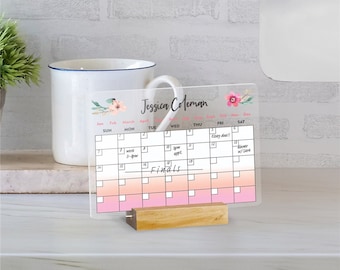 Floral Name Personalized Calendar Acrylic Tabletop Sign, Acrylic Tabletop Sign With Wooden Base, Back To School Supplies, Personal Calendar