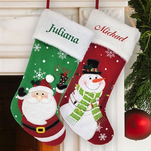 Santa Christmas Stocking With Name, Snowman Stocking, Christmas Decor, Kids Christmas Stocking, Embroidered Holiday Stocking, Red Stocking