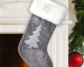 Embroidered Grey Velvet with Silver Beading Personalized Christmas Stocking, christmas stocking personalized, personalized xmas -gfyS105659