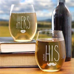 Juego de copas de vino sin tallo grabadas para él y ella, copa de vino personalizada, copa de vino de boda, copa de vino tostada de boda, copa de fiesta de compromiso