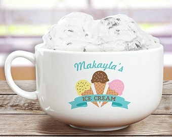 Ice Cream Cone Personalized Bowl, ceramic bowl, personalized, gift, white, bowl with handle, kitchen, dishware, for kids -gfyU1046323