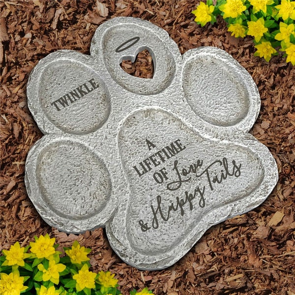 Engraved A Lifetime of Love & Happy Tails Paw Print Stone, dog grave marker, dog memorial stone, multiple pet memorial, custom pet stone