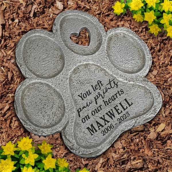 Engraved Paw Prints on Our Hearts Paw Print Shaped Personalized Pet Memorial Garden Stone, dog grave marker, custom, dog memorial stone