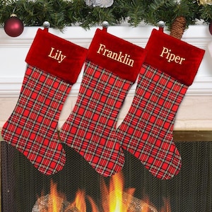 Embroidered Red Plaid Christmas Stocking, christmas stocking personalized, custom stocking, xmas stocking, custom christmas stockings