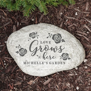 Engraved Love Grows Here Garden Stone, personalized garden stone, garden decor, outdoor decor, family name, housewarming gift, flower garden