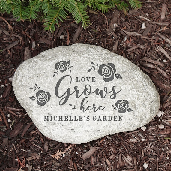 Engraved Love Grows Here Garden Stone, personalized garden stone, garden decor, outdoor decor, family name, housewarming gift, flower garden