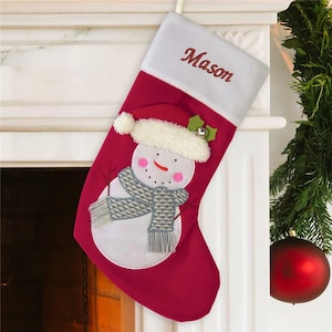 Personalized Snowman Stocking With Name Embroidered, Cutom Christmas Stocking For Kids, red Stocking, Christmas Gift, Family Stockings