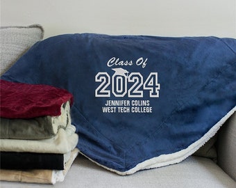 Embroidered Graduation Sherpa Personalized Throw Blanket, custom grad gift, class of 24 gift, dorm room essential, graduate, class of 2024
