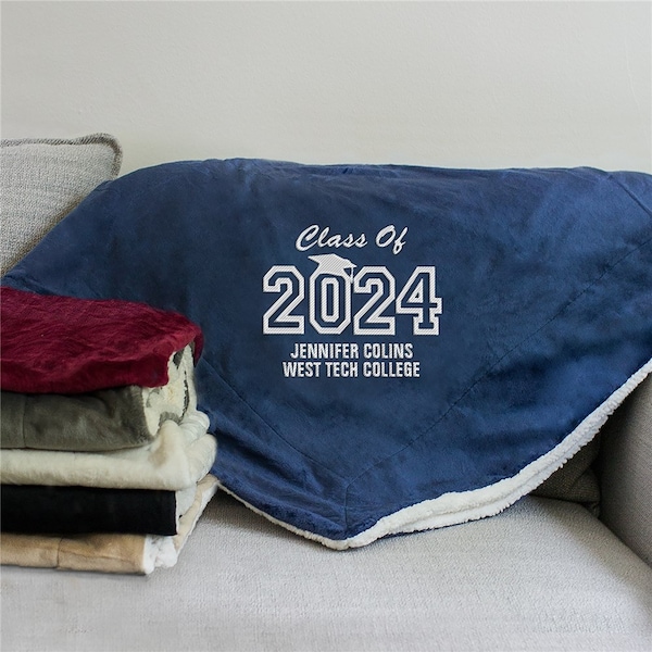 Embroidered Graduation Sherpa Personalized Throw Blanket, custom grad gift, class of 24 gift, dorm room essential, graduate, class of 2024