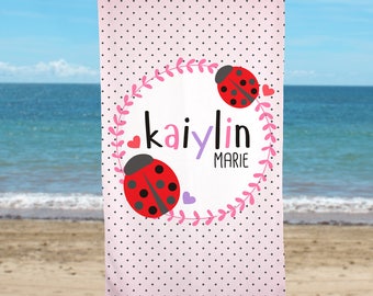 Ladybug Personalized Beach Towel, Custom Pool Towel. Kids Beach Towel, Summer Gift For Kids, Colorful Custom Name Towel, Pool Party Favor