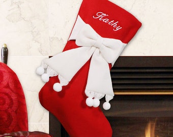 Embroidered Red and Ivory Bow Personalized Christmas Stocking, personalized, personalized stocking, christmas, christmas decor -gfyS56909