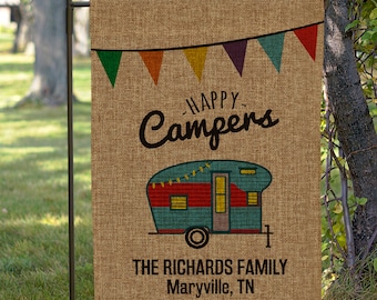Happy Camper Burlap Personalized Garden Flag, Personalized Family Camping Sign, Personalized Camping Flag, Camp Site Decor -gfy830111622B