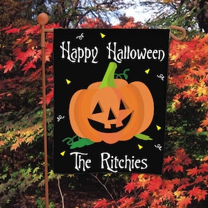 Happy Halloween Personalized Garden Flag, halloween decor, jack o'lantern, halloween garden flag, custom, black, orange -gfy83024862