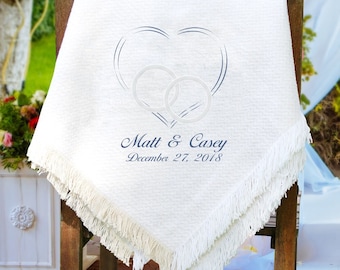 Embroidered Wedding Afghan, Chenille, anniversary gift, white blanket wedding gift, embroidered blanket with wedding date, custom blanket