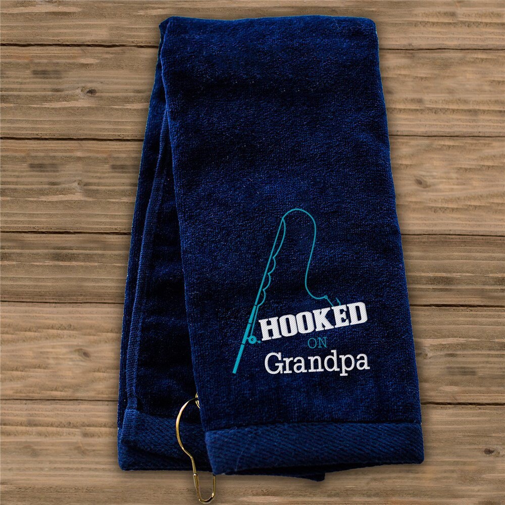 Embroidered Hooked on Grandpa Fishing Towel, fish, fishing, embroidered,  gifts for him, grandpa, dad, father's day, navy -gfyE128163NV
