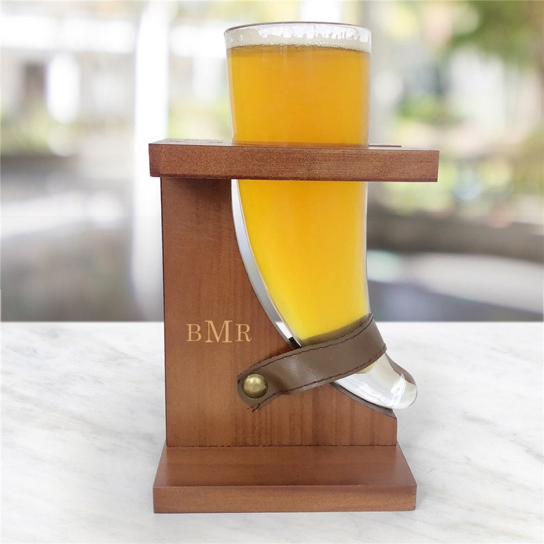 Engraved Monogram Horn Shaped Glass with Stand, beer glass, horn glass, unique beer glass, Beer Horn, Groomsmen Gifts gfyL19010400 image 1