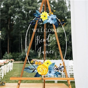 Letrero de bienvenida acrílico floral azul y amarillo personalizado, letrero para despedida de soltera, letrero para despedida de soltera, letrero para boda de otoño, decoraciones personalizadas