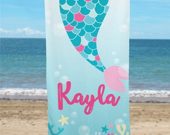 Personalized Mermaid Tail Beach Towel, personalized mermaid beach towel, girls gift, summer pool party essentials, custom -gfyU1402633