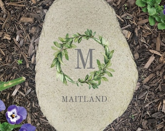 Personalized Eucalyptus Wreath Vertical Flat Garden Stone, Custom Garden Decor, Garden Rock, Stepping Stone, Gift For Her, Gifts For Grandma