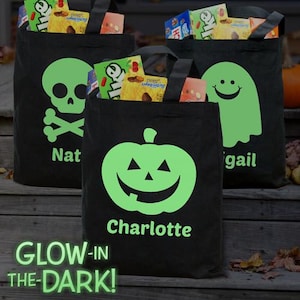 Personalized Glow in the Dark Halloween Trick or Treat Bag, Custom Trick or Treat Tote, Black Tote Bag, Ghost Bag, Pumpkin Bag, Skull Bag